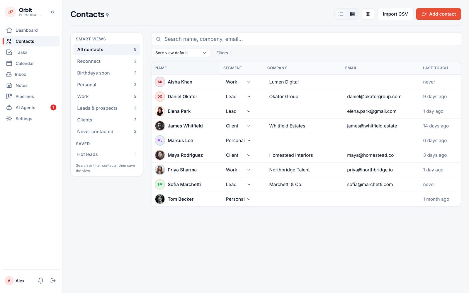 Orbit contacts table with smart views and segments