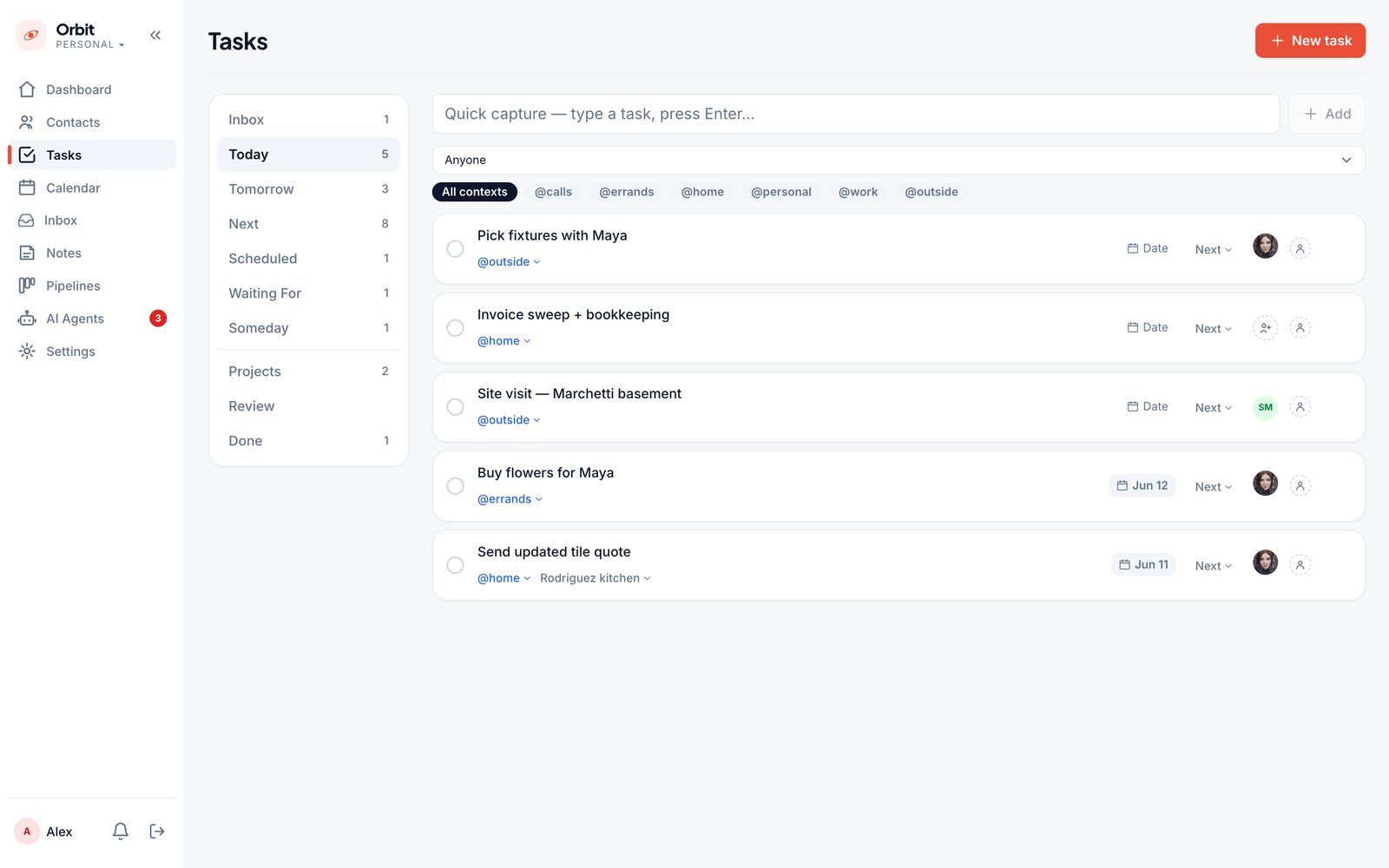 Orbit GTD task system with contexts and projects